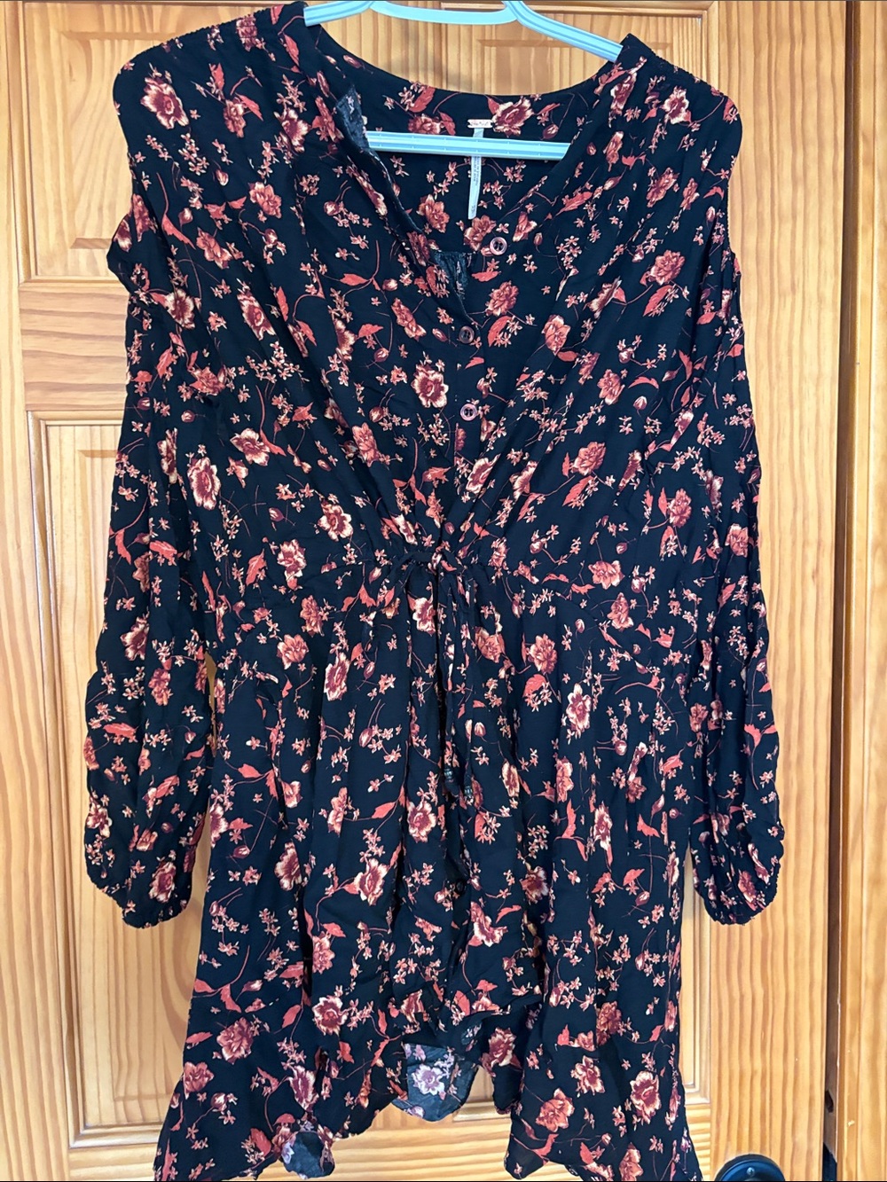 Free People Black Floral Tunic with Rust Pink Blossoms